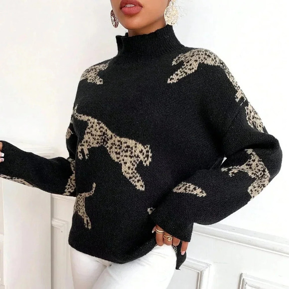 Black Casual Women's Leopard Pattern High Neck Drop Shoulder Sweater - Picture 3 of 6